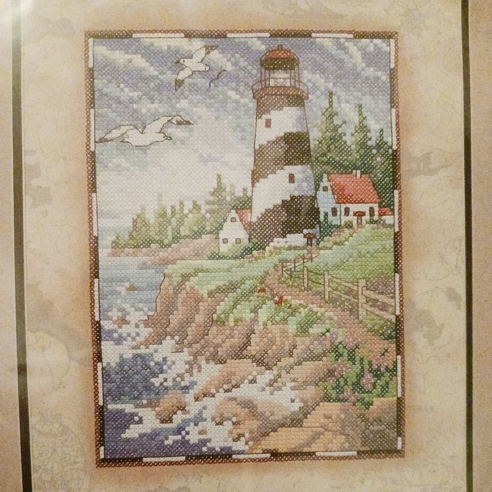 Vintage Sunset Printed Cross Stitch Sea Cliff Lighthouse sealed kit 11x15 in